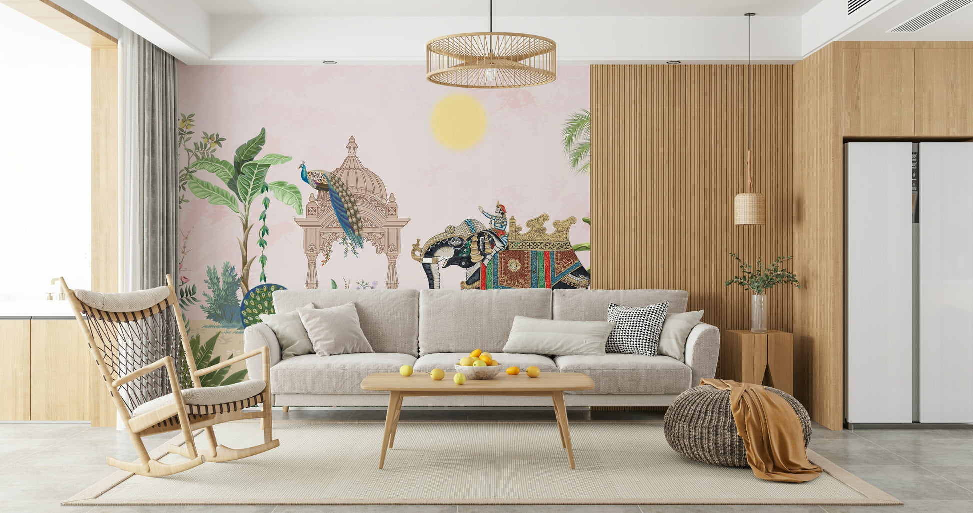 Decorative wall art featuring a majestic elephant and vivid peacock elements