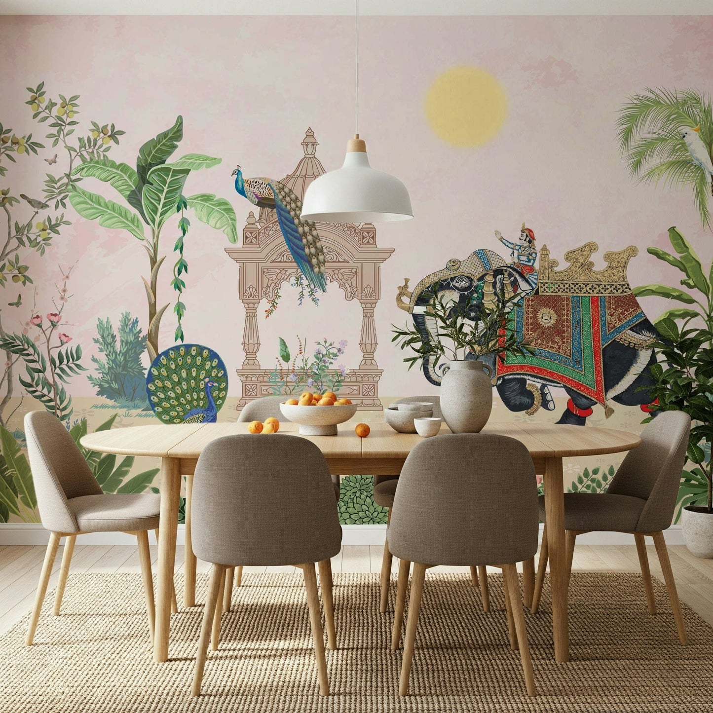 Tropical wall mural featuring a decorative elephant and colorful peacock feathers