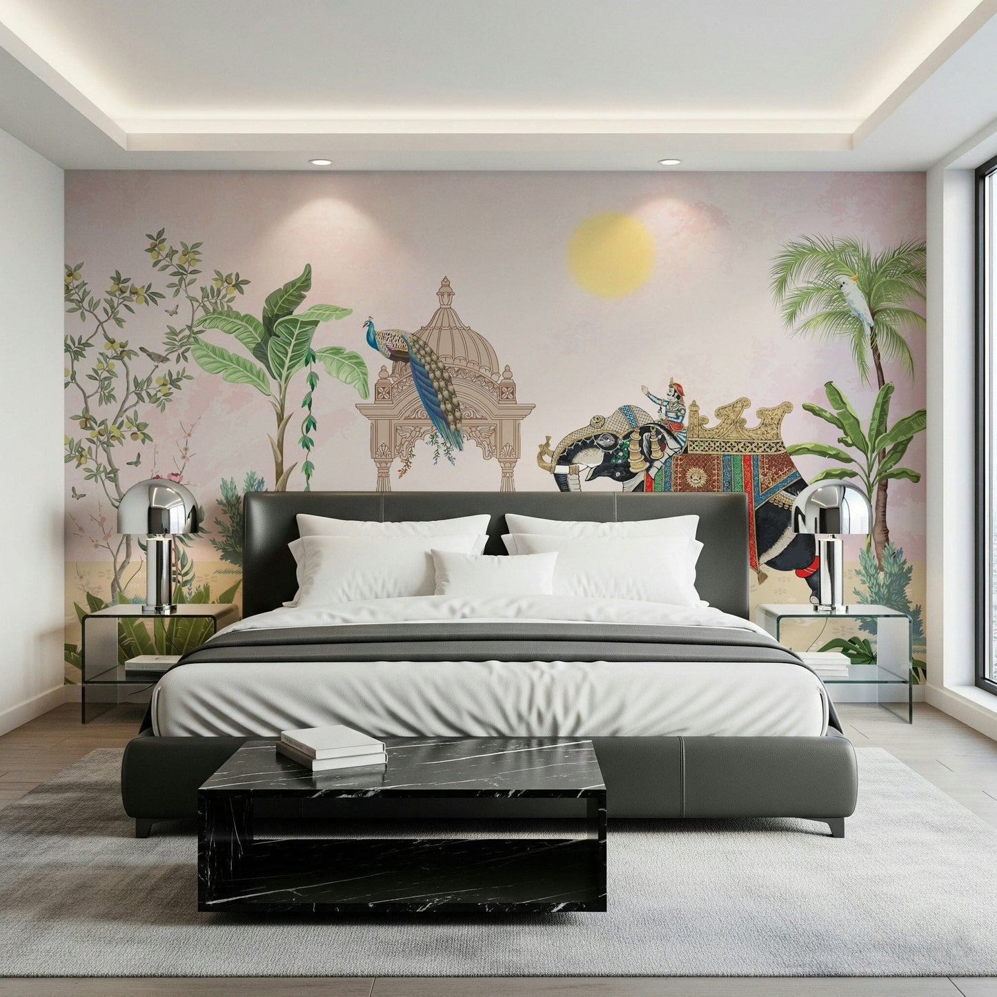 Vibrant wall mural featuring an elephant adorned with a colorful peacock