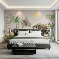 Vibrant wall mural featuring an elephant adorned with a colorful peacock