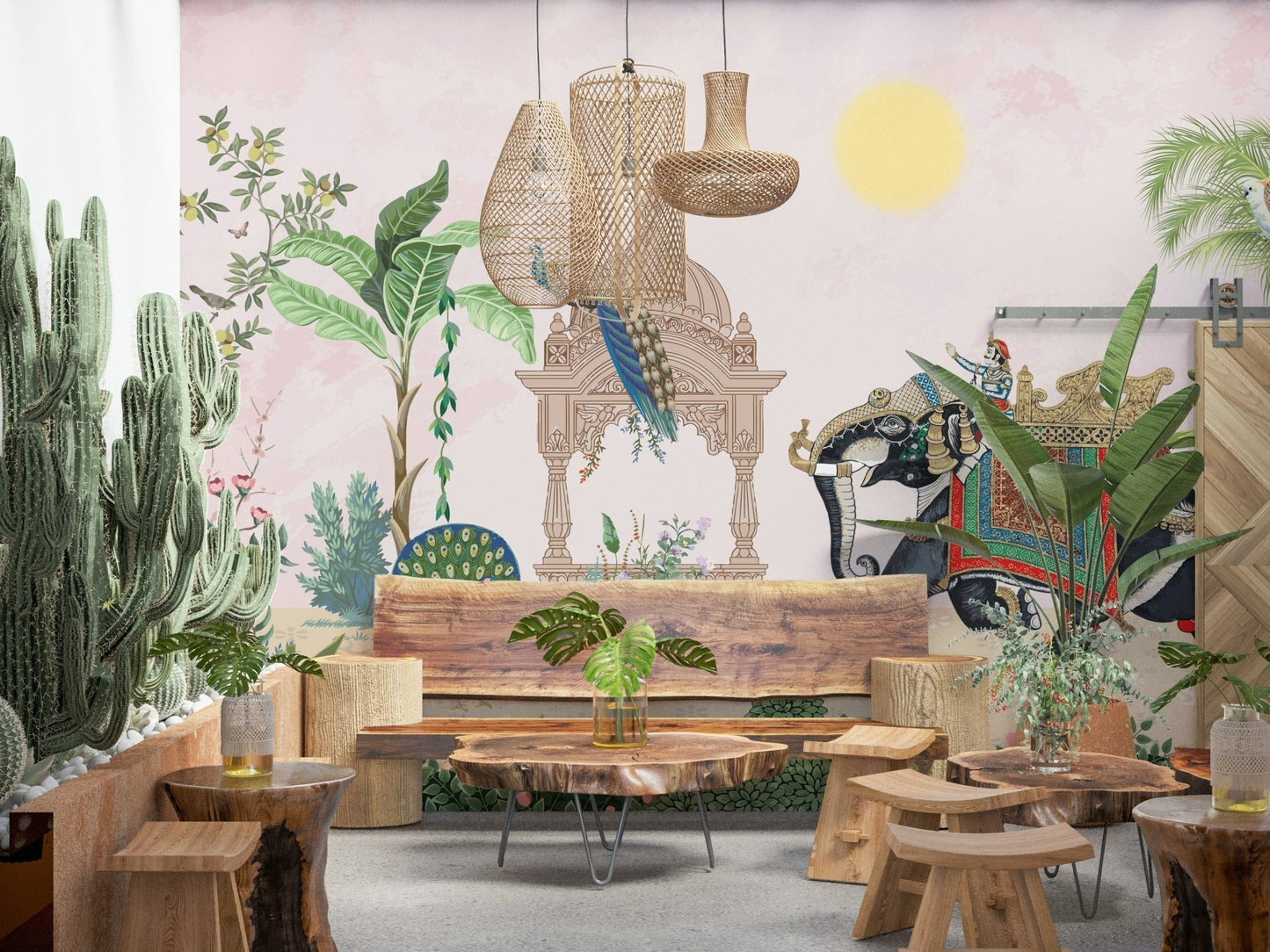 Exotic Peacock Elephant mural with a decorated elephant and peacock behind live-edge wood tables in a tropical lounge