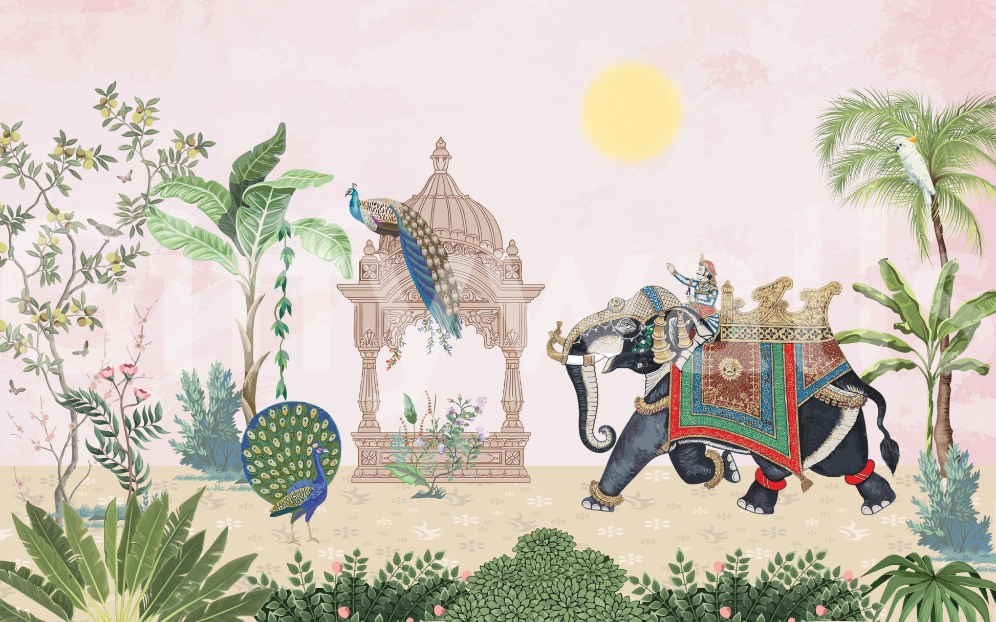 Exotic Peacock Elephant mural shown as a full-wall mural with a jeweled elephant, peacock and palms on soft pink