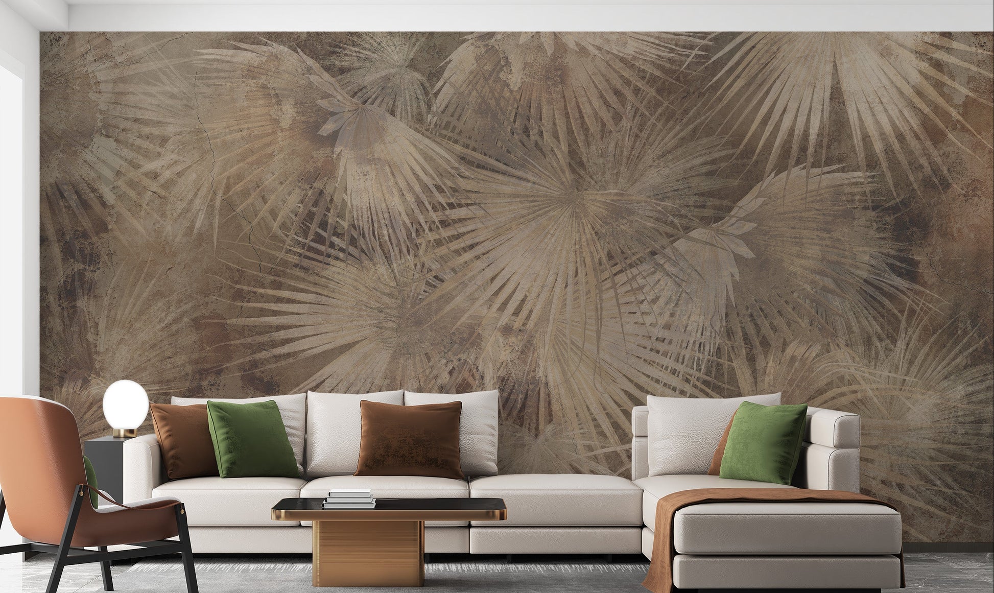 Exotic palm leaves mural with earthy tones