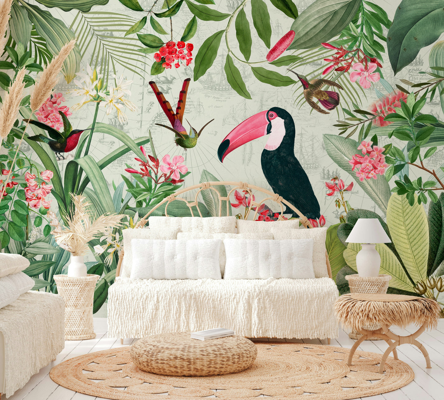 Tropical Eden wall mural with vintage plants and soft tones

