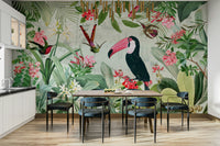 Tropical vintage wall mural with lush greenery and subtle wildlife

