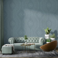 Bedroom styled with Arona damask wall mural

