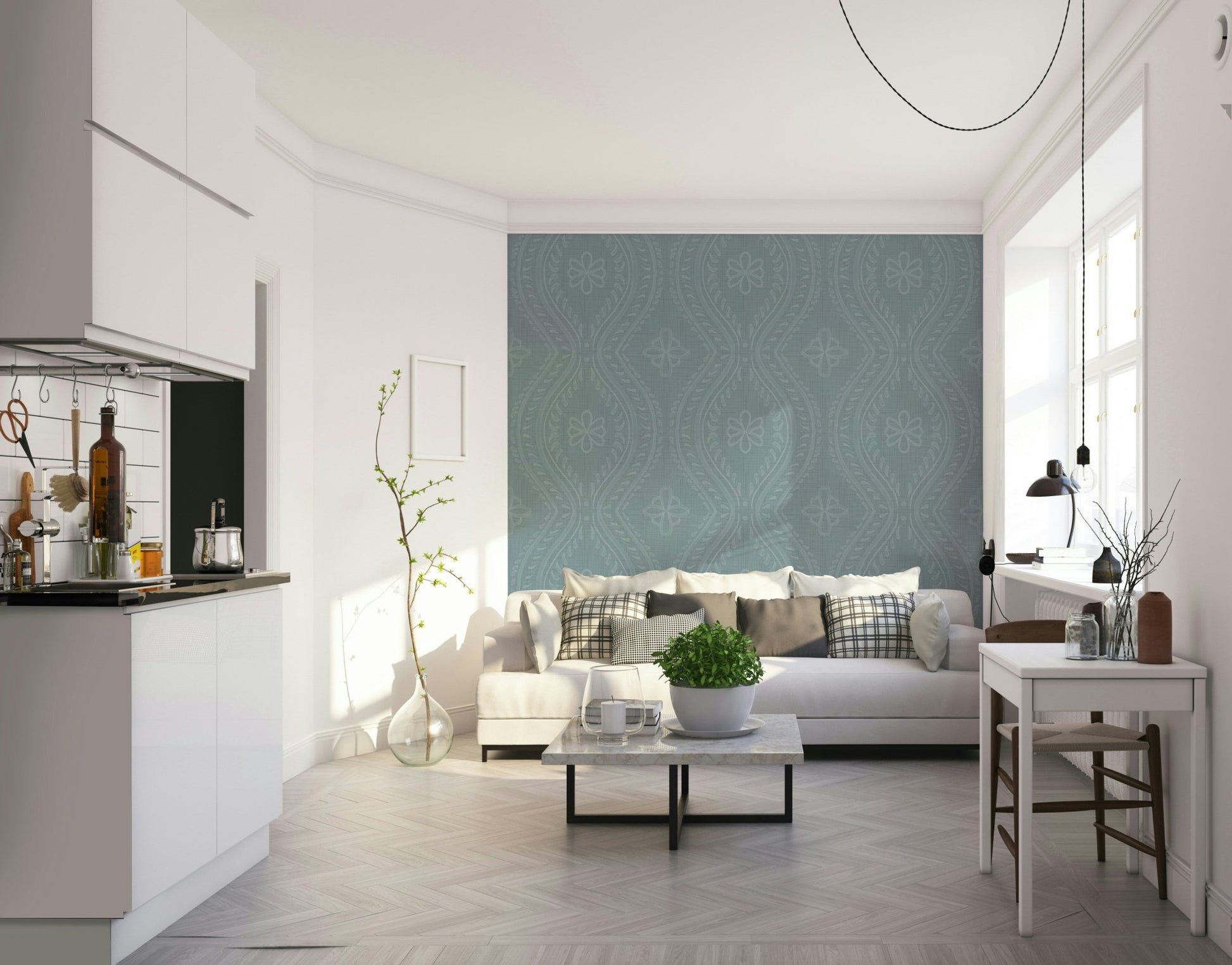 Classic ogee design in muted blue and grey

