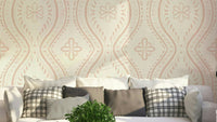 Faded Ogee Damask wallpaper in cream tan tones

