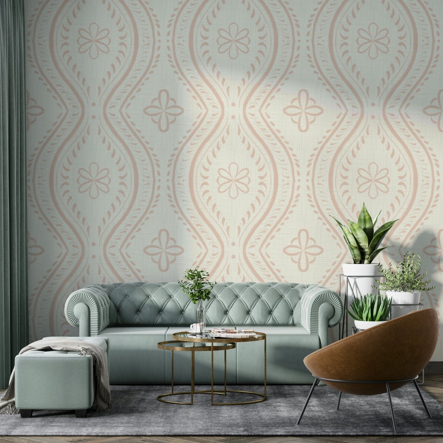 Bedroom styled with cream tan damask wallpaper


