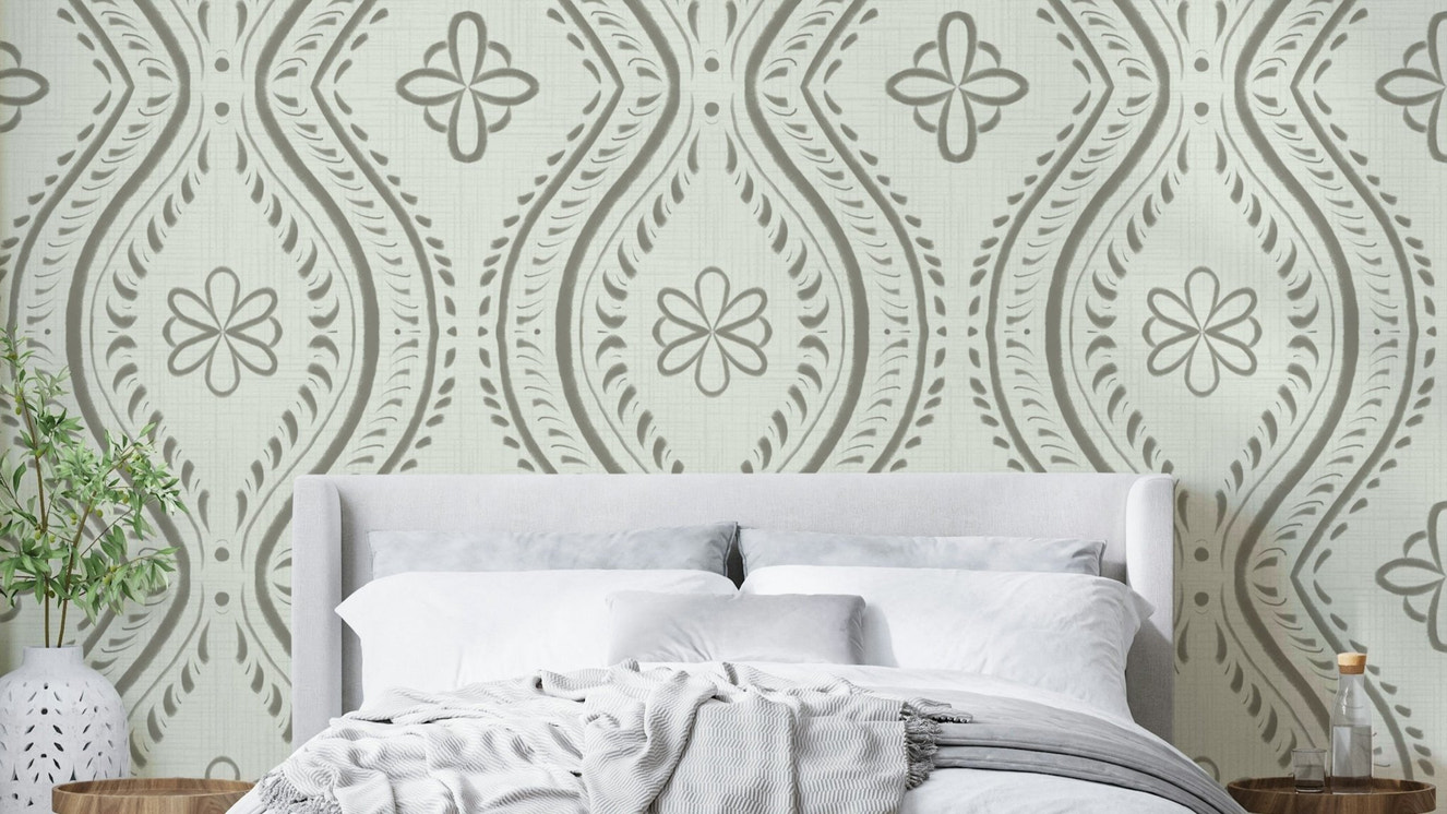 Warm sage green wallpaper with vintage motif

