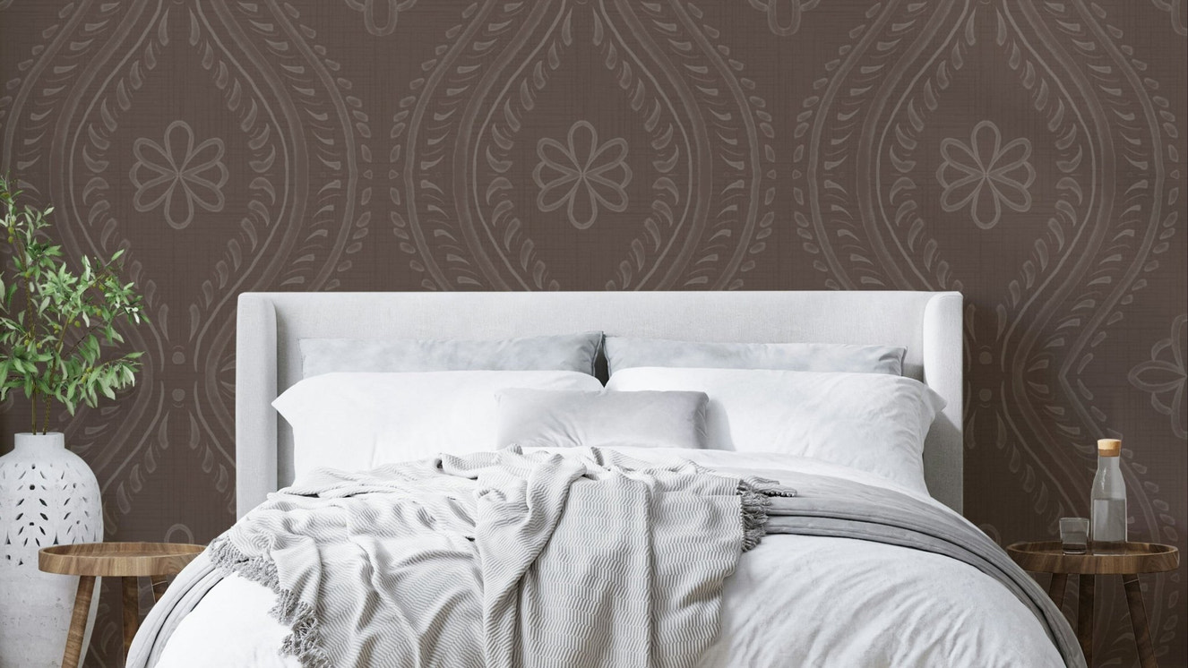Bedroom styled with brown ogee damask wallpaper

