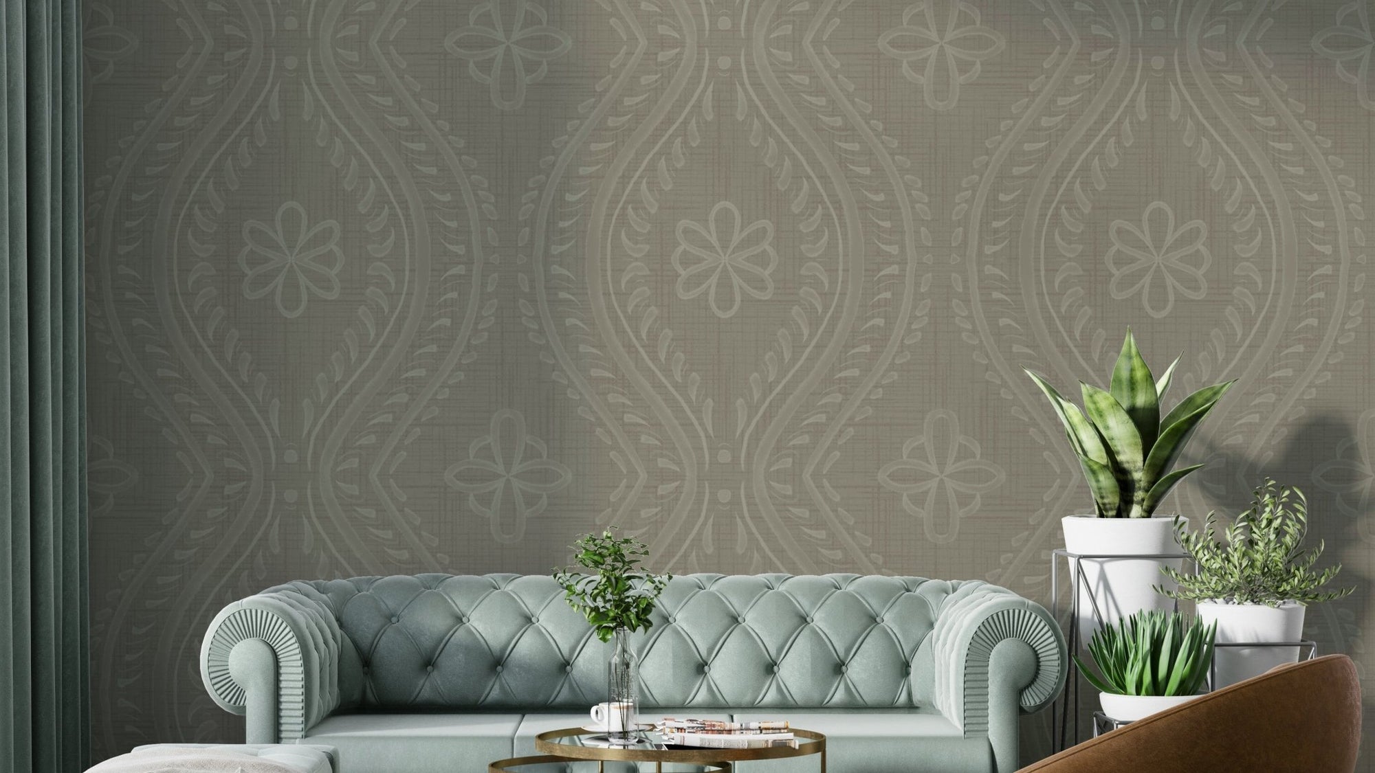 Elegant bedroom with Faded Ogee Damask wallpaper

