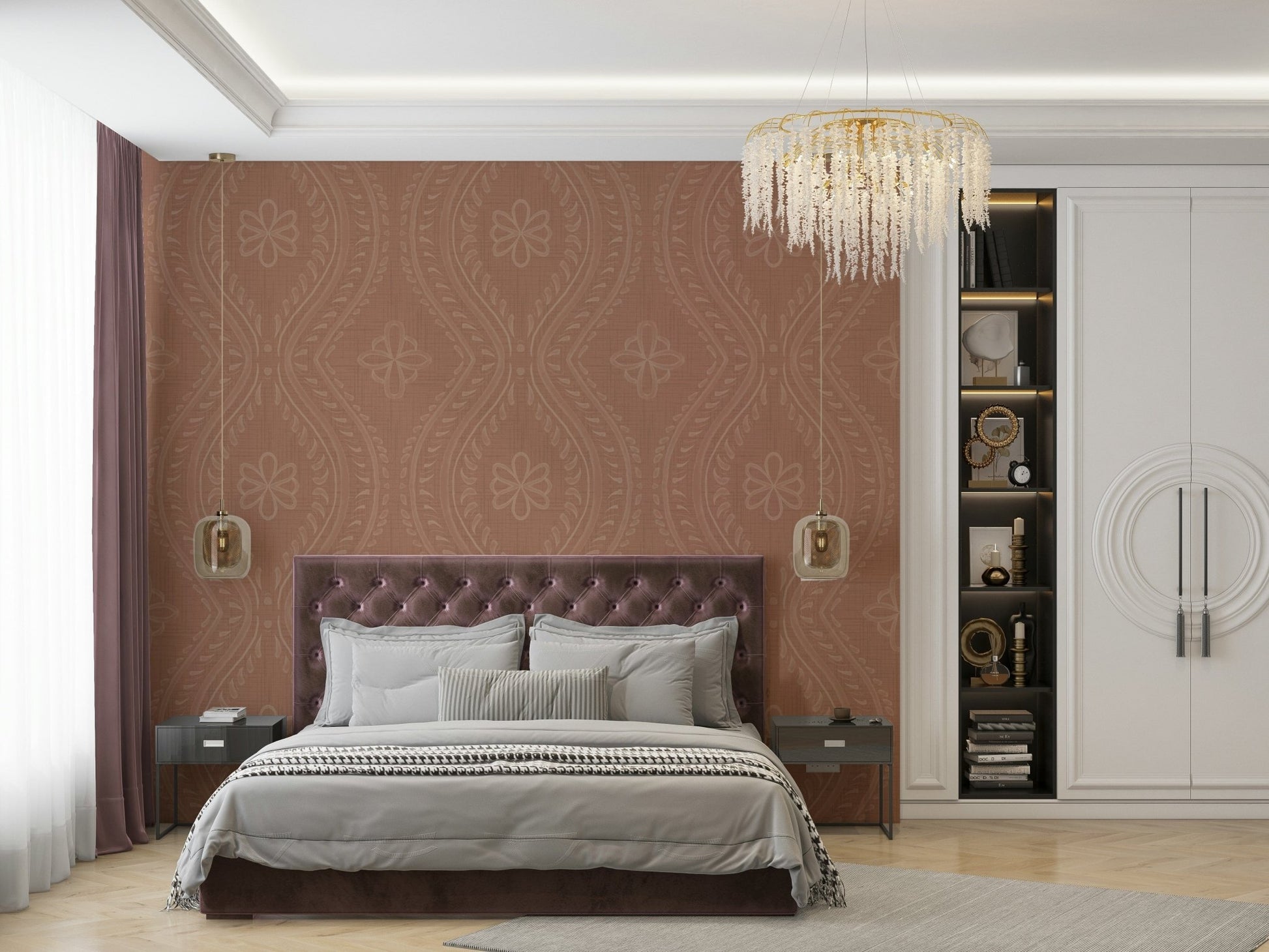 Neutral damask wallpaper with classic ogee design

