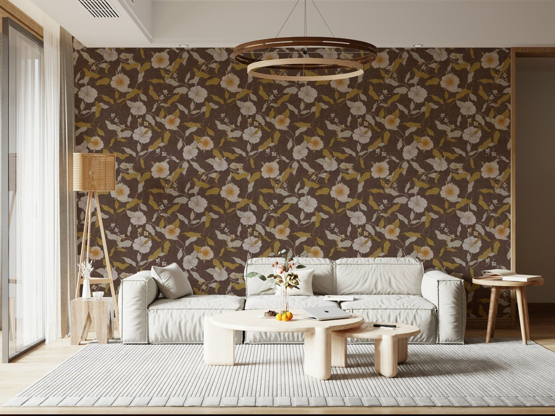 Charming Tropical  flower print, olive green vines on deep cocoa background texture.