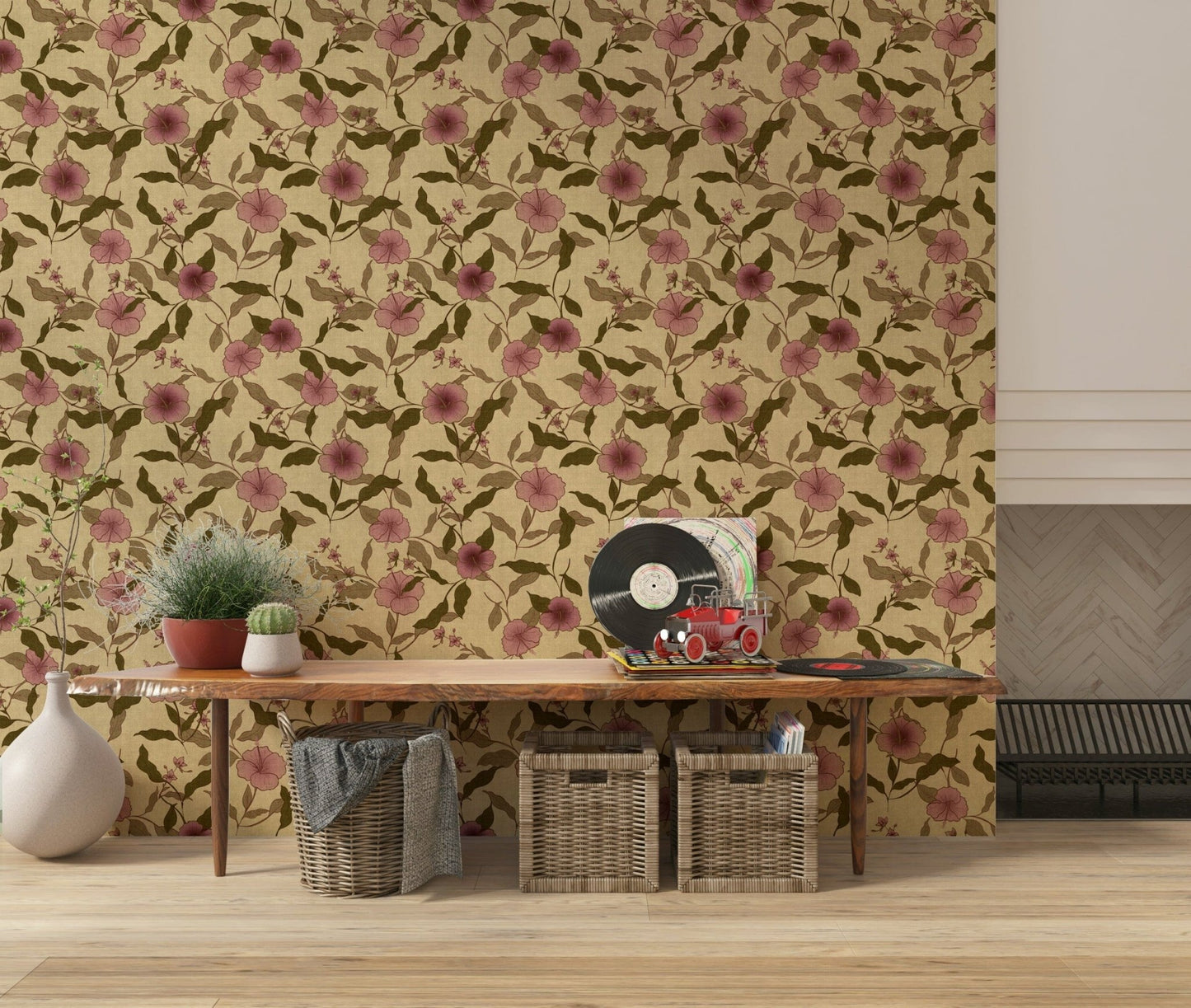 Elegant Faded Tropical Floral pattern, subdued colors wall mural piece.