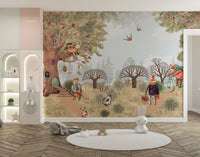 Fairy-tale Critter Countryside mural of a whimsical forest in a playroom with arched niches and a round white rug
