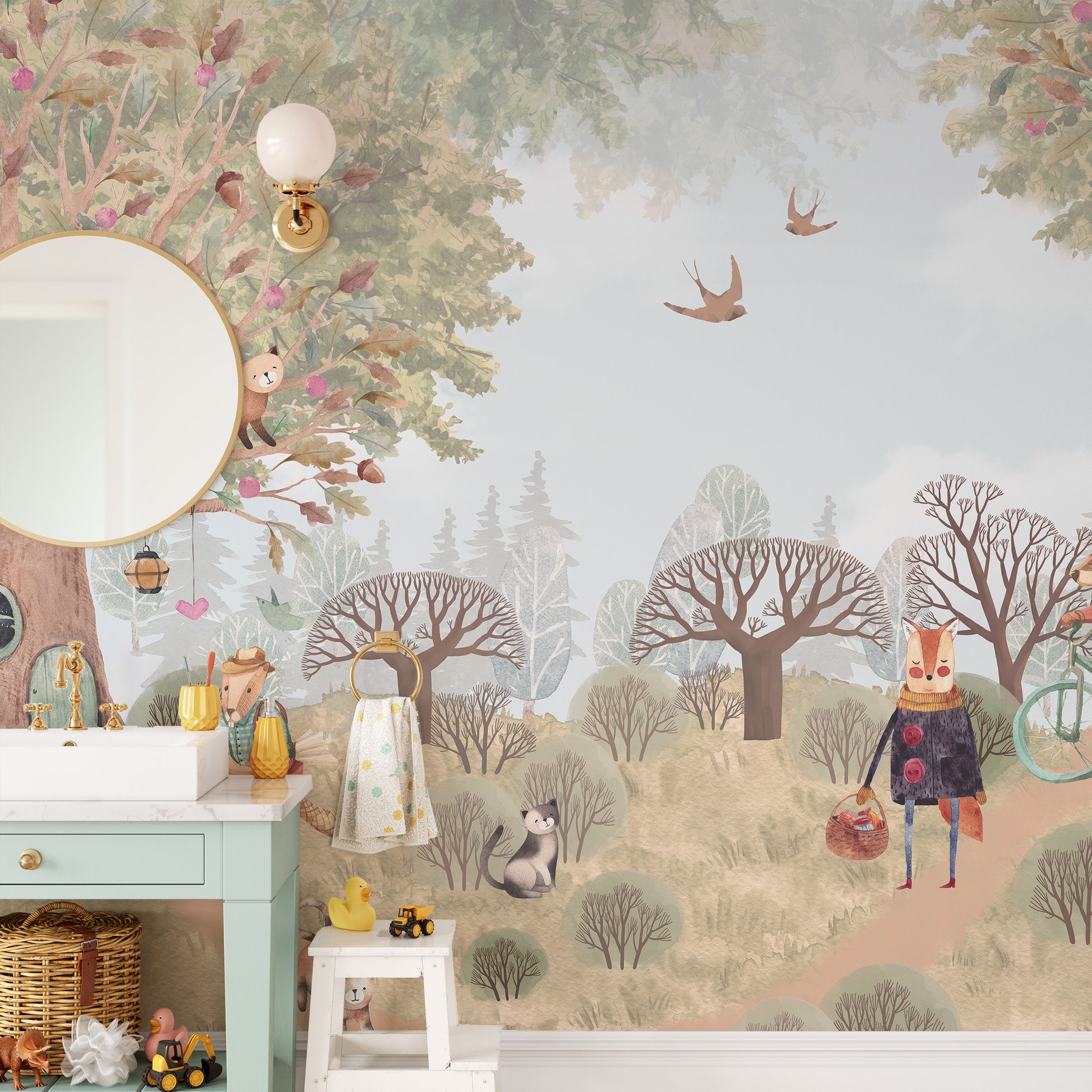 Fairy-tale Critter Countryside mural with a fox and tree-house behind a mint-green vanity in a child's bathroom