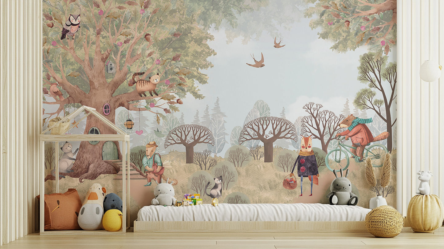 Fairy-tale Critter Countryside mural of woodland animals in a nursery with a house-shaped toy shelf and low bed