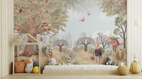 Fairy-tale Critter Countryside mural of woodland animals in a nursery with a house-shaped toy shelf and low bed