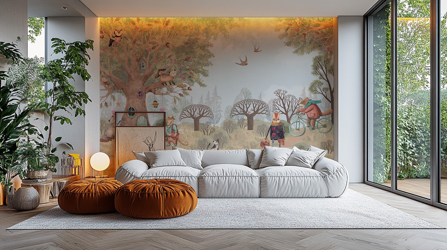 Fairy-tale Critter Countryside mural with a storybook tree and cycling bear behind a white sectional sofa and rust poufs