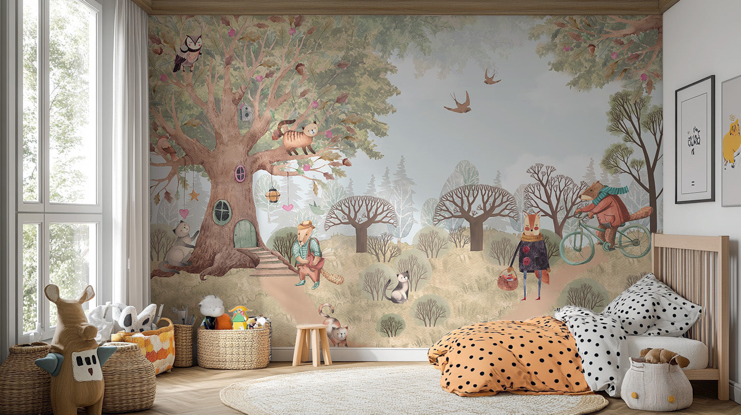 Fairy-tale Critter Countryside mural behind a wooden crib with polka-dot bedding and woven baskets in a kids room