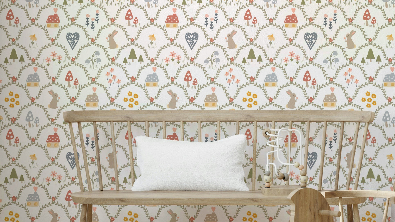 Cute bunny and house wall wallpaper design

