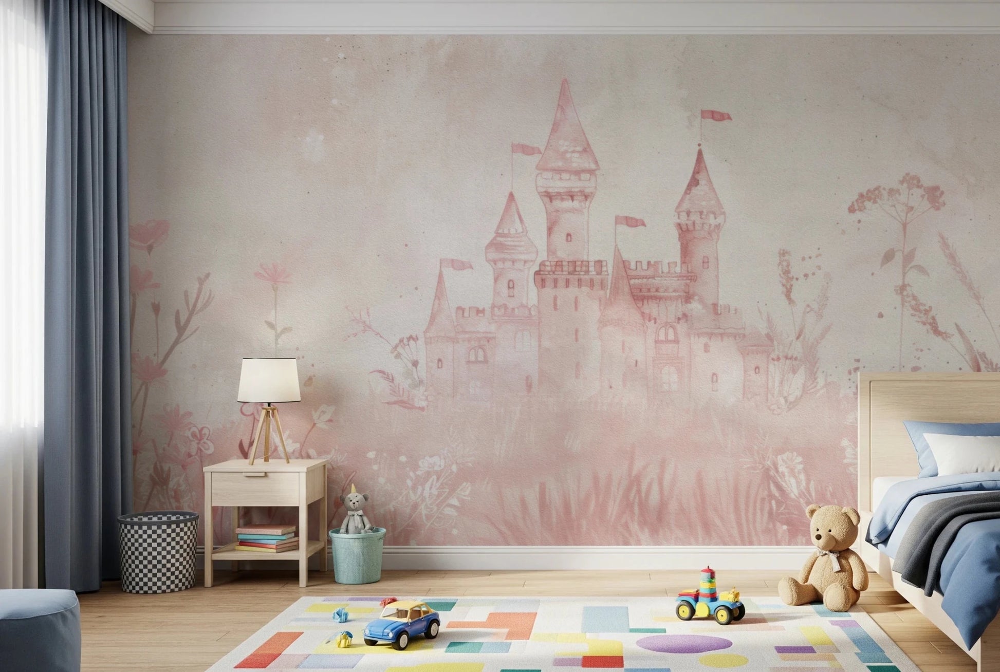 Hand-drawn castle silhouette on a dreamy pink wall mural background.