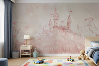 Hand-drawn castle silhouette on a dreamy pink wall mural background.
