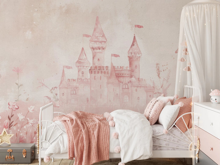 Magical pink Fairytale Princess Castle wall mural for bedroom wall decor.