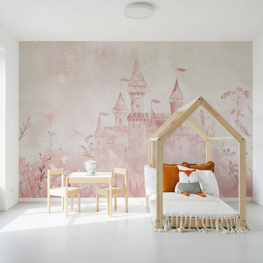 Blush pink Fairytale Princess Castle wall mural with vintage aesthetics.