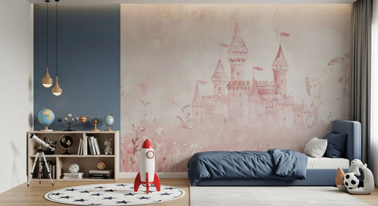 Pink watercolor Fairytale Princess Castle kids rooms wall mural with floral accents.