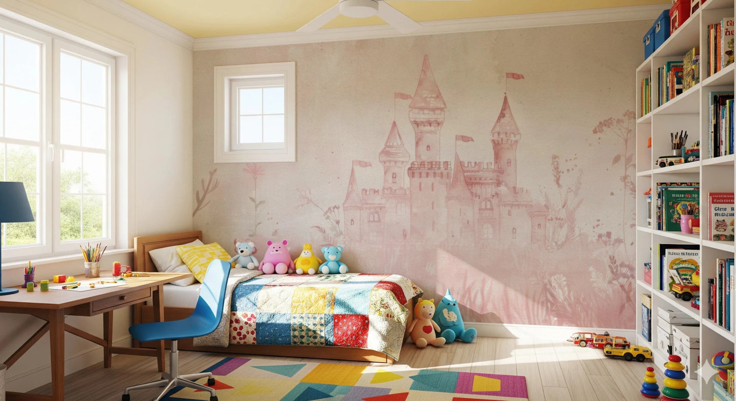 Soft blush Fairytale Princess Castle wall mural features hand-painted style.