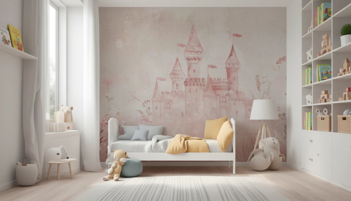 Artistic pink watercolor wash with a Fairytale Princess Castle graphic.