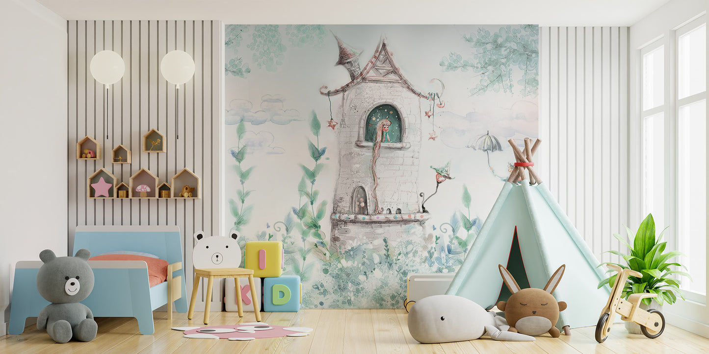 Fairytale Princess Girls Room wallpaper mural in a kids room with a blue toddler bed and mint teepee tent