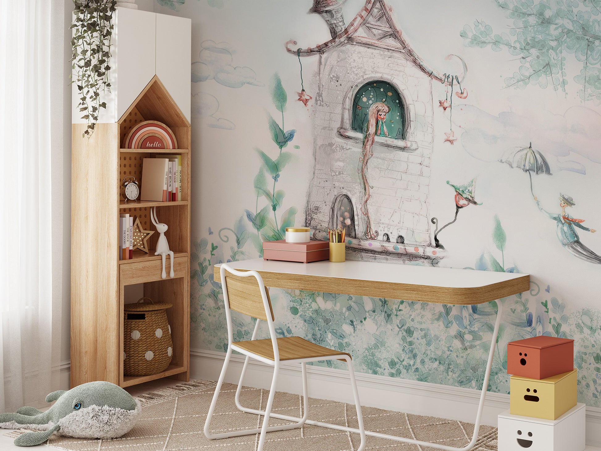 Fairytale Princess Girls Room wallpaper mural in a kids room with a house bookshelf and white study desk