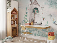 Fairytale Princess Girls Room wallpaper mural in a kids room with a house bookshelf and white study desk