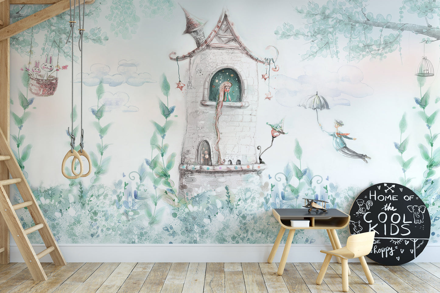 Fairytale Princess Girls Room wallpaper mural in a playroom with loft ladder, gym rings and a Cool Kids chalkboard
