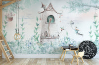 Fairytale Princess Girls Room wallpaper mural in a playroom with loft ladder, gym rings and a Cool Kids chalkboard