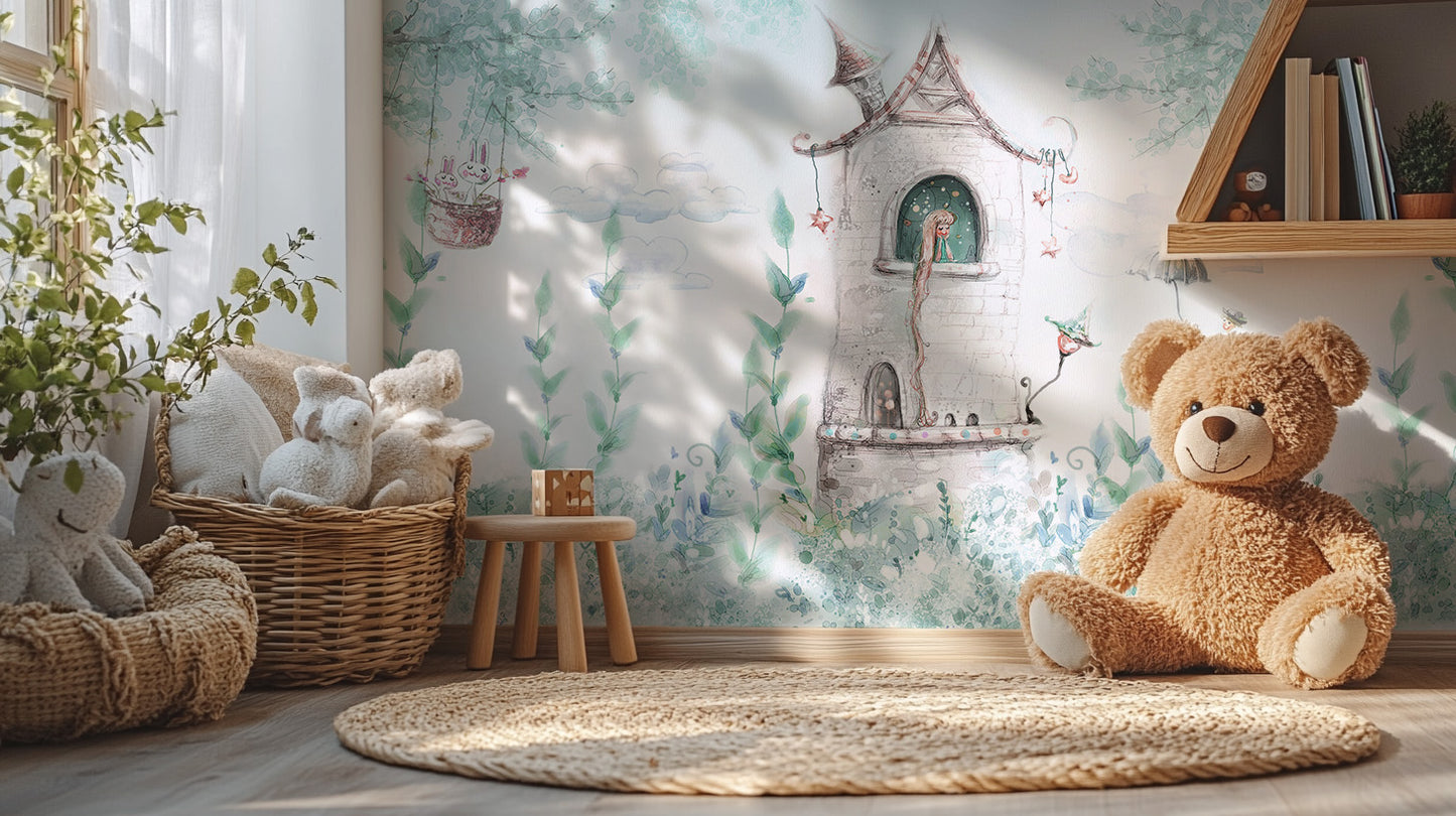 Fairytale Princess Girls Room wallpaper mural with watercolor tower in a nursery with a large teddy bear and toy basket