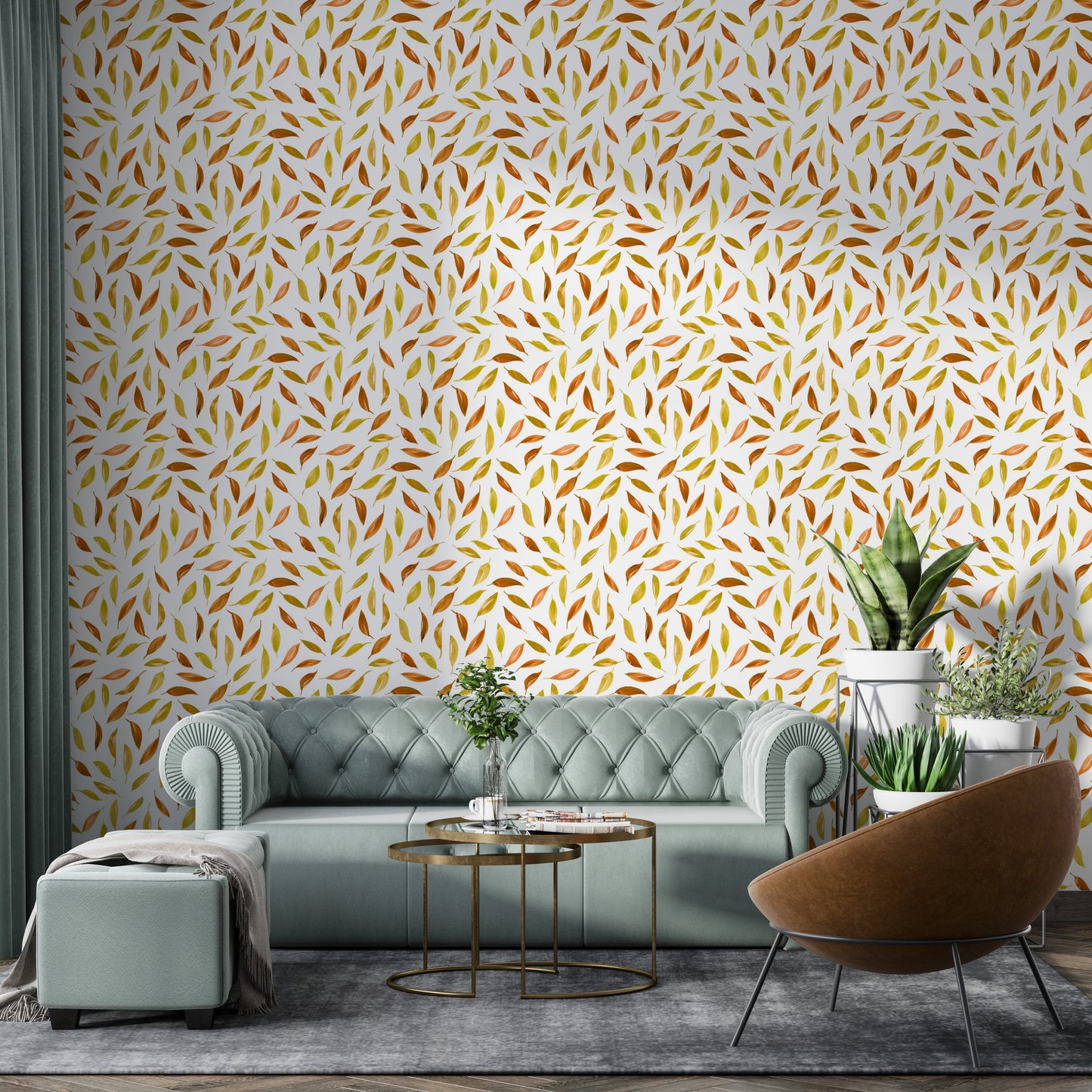 Seasonal wall mural with golden and rust-colored leaves

