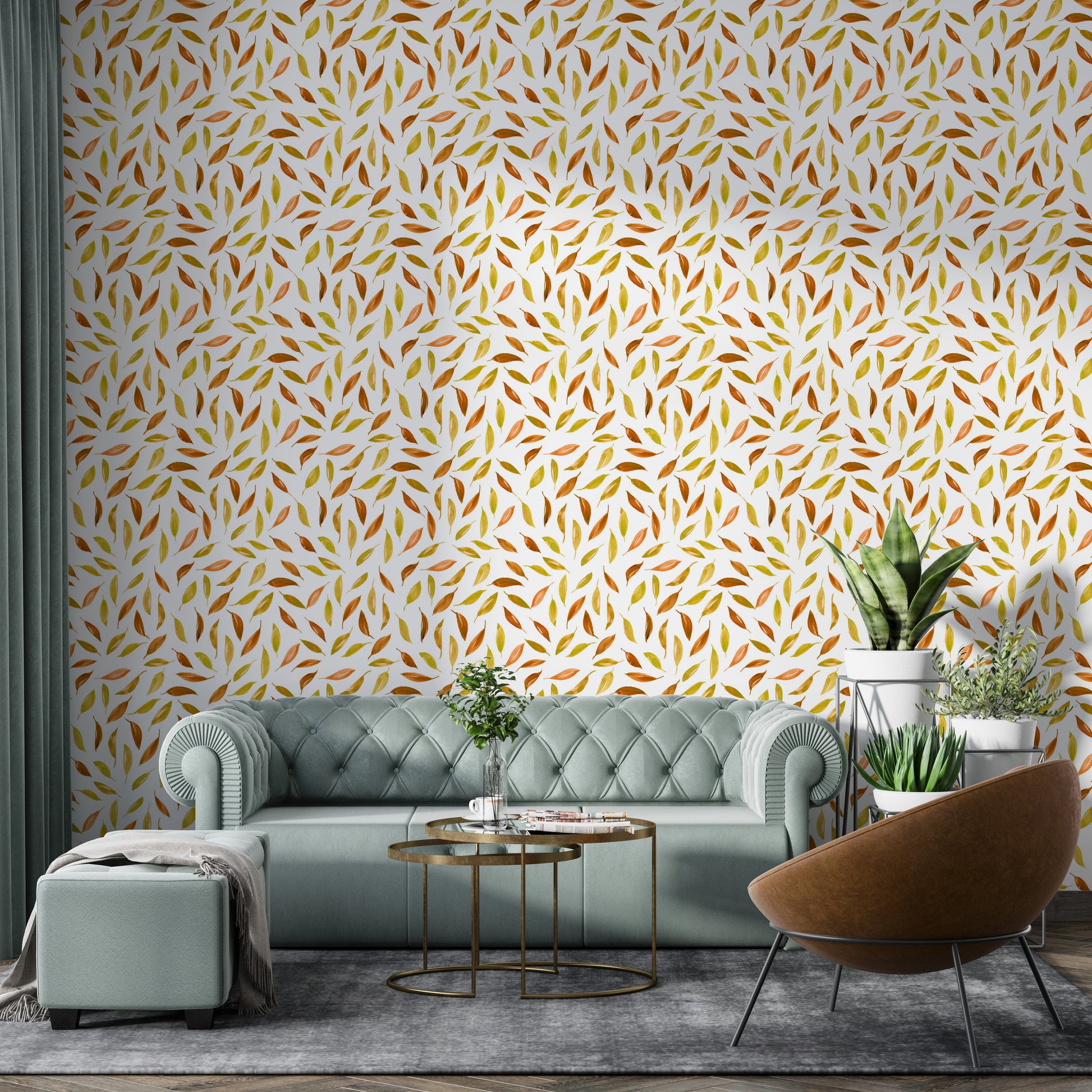 Seasonal wall mural with golden and rust-colored leaves

