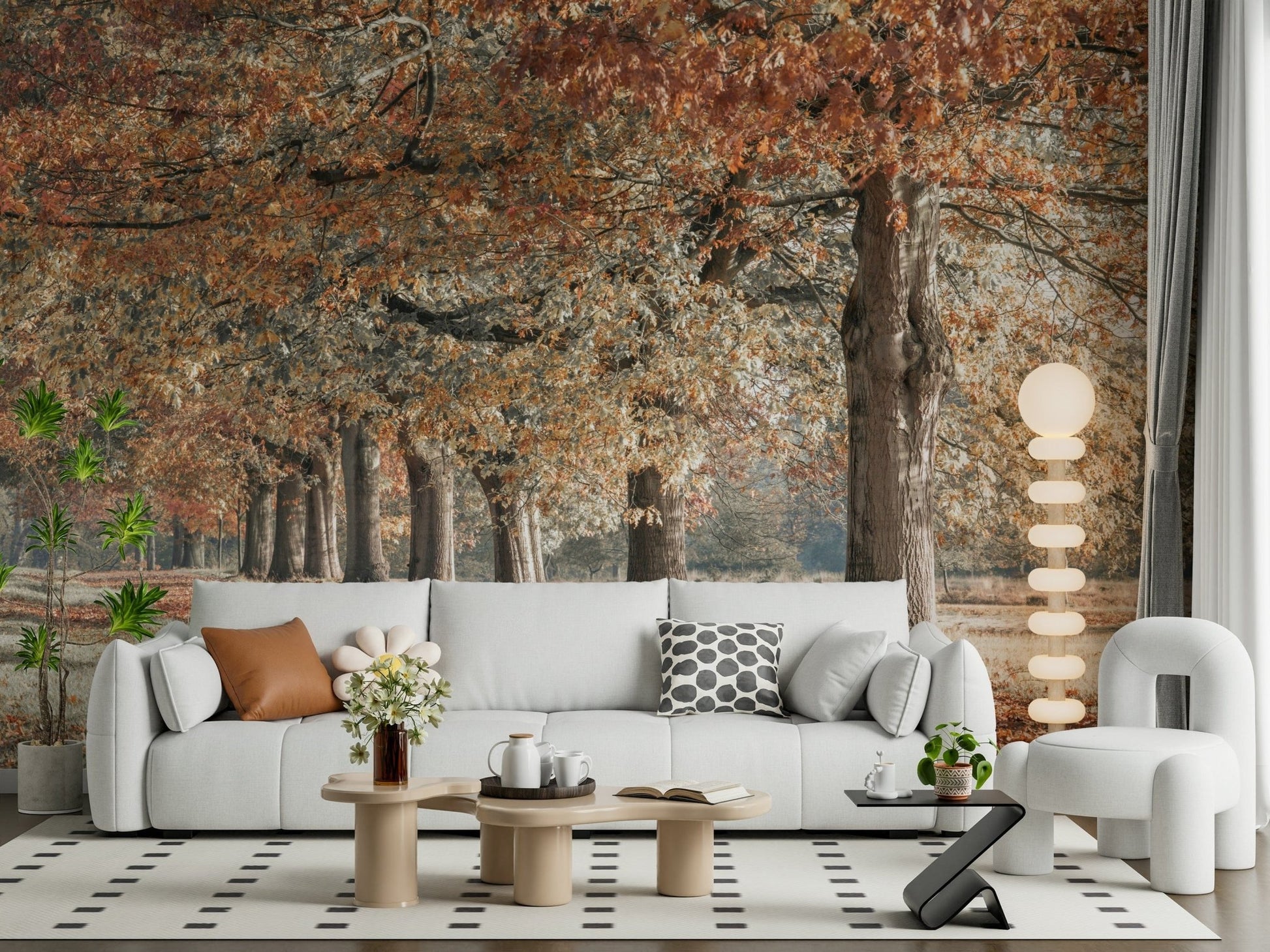 Scenic forest wall mural with orange leaves