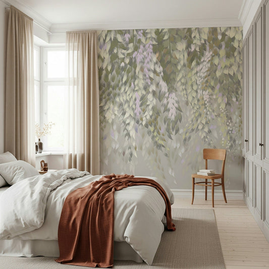 Falling Leaves Serenity wallpaper mural with soft green leaves behind a white bed and rust throw in a serene bedroom