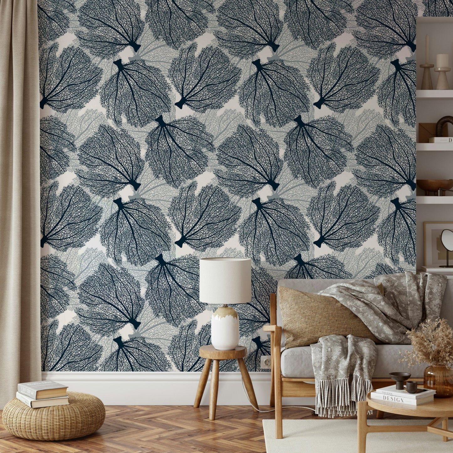 Sea life wallpaper with navy blue and white coral

