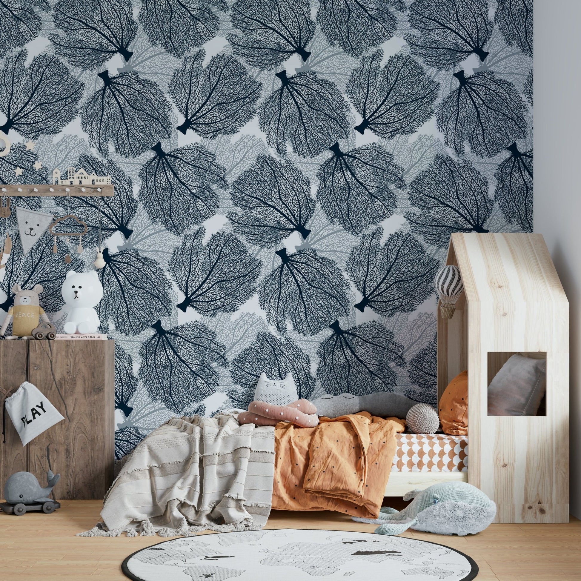 Fan coral wallpaper in navy and white tones

