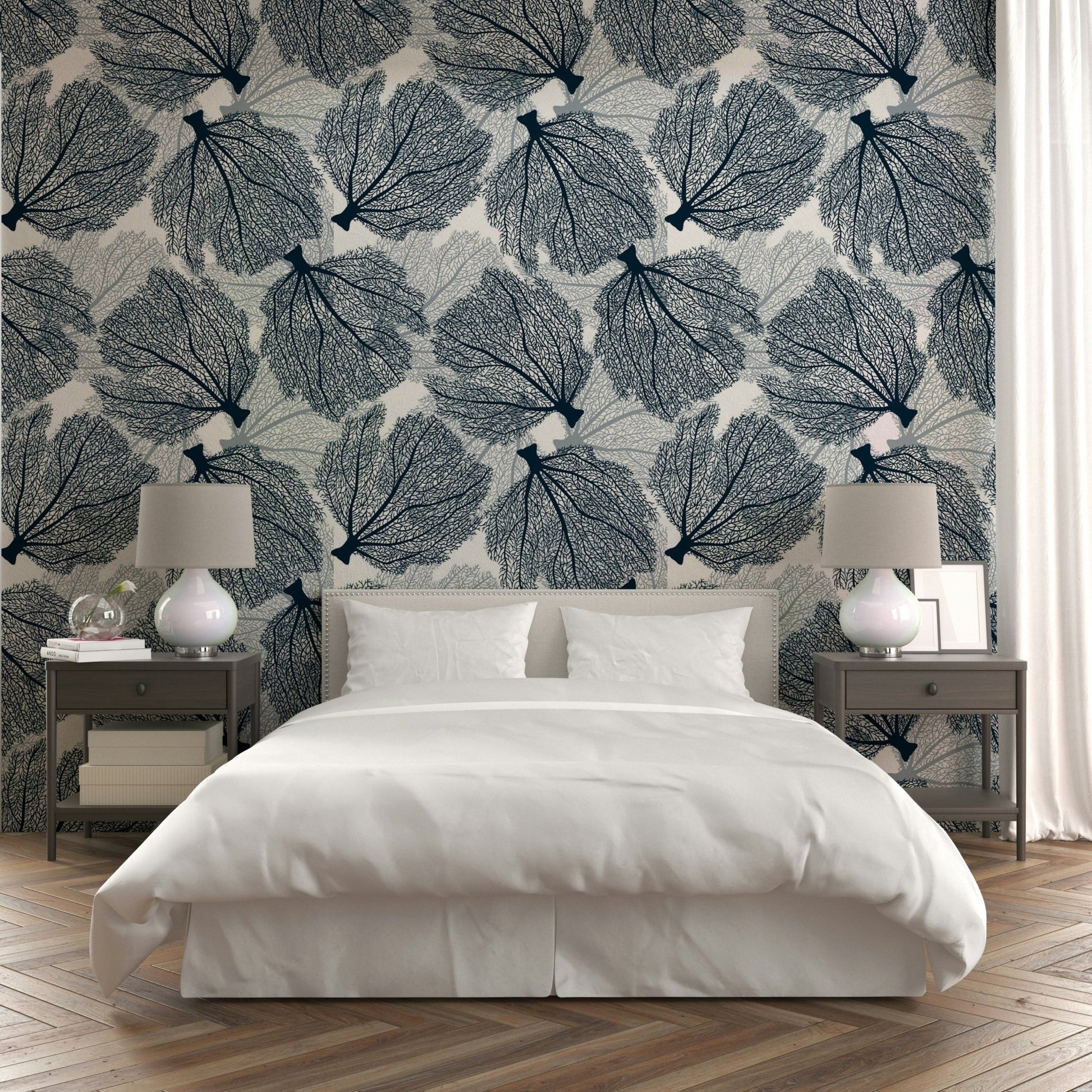 Marine botanical wallpaper in white and navy hues

