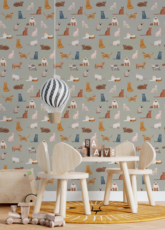 Fancy Felines in Safari Green Wallpaper⁠