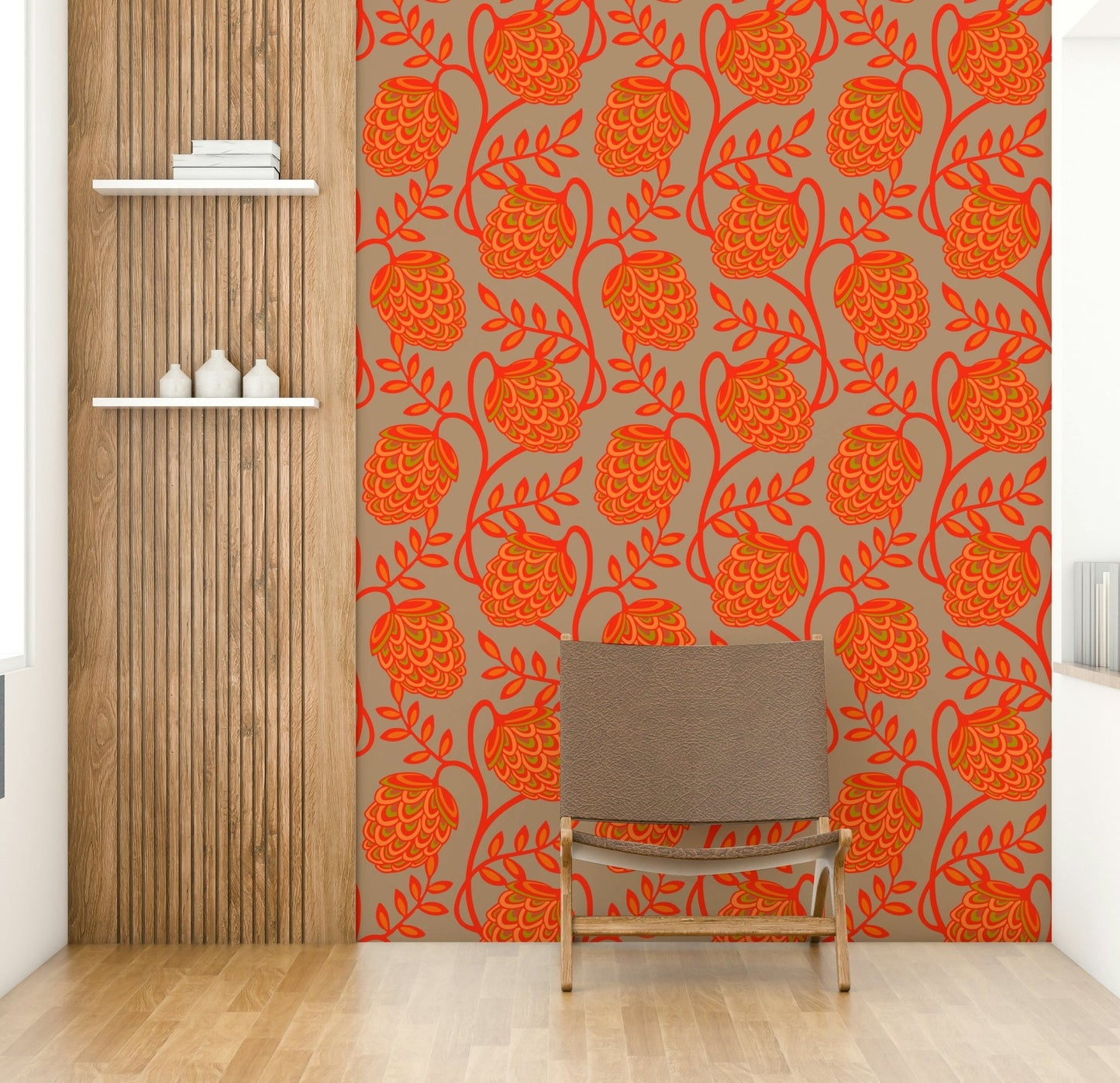 Botanical illustrations on wallpaper.


