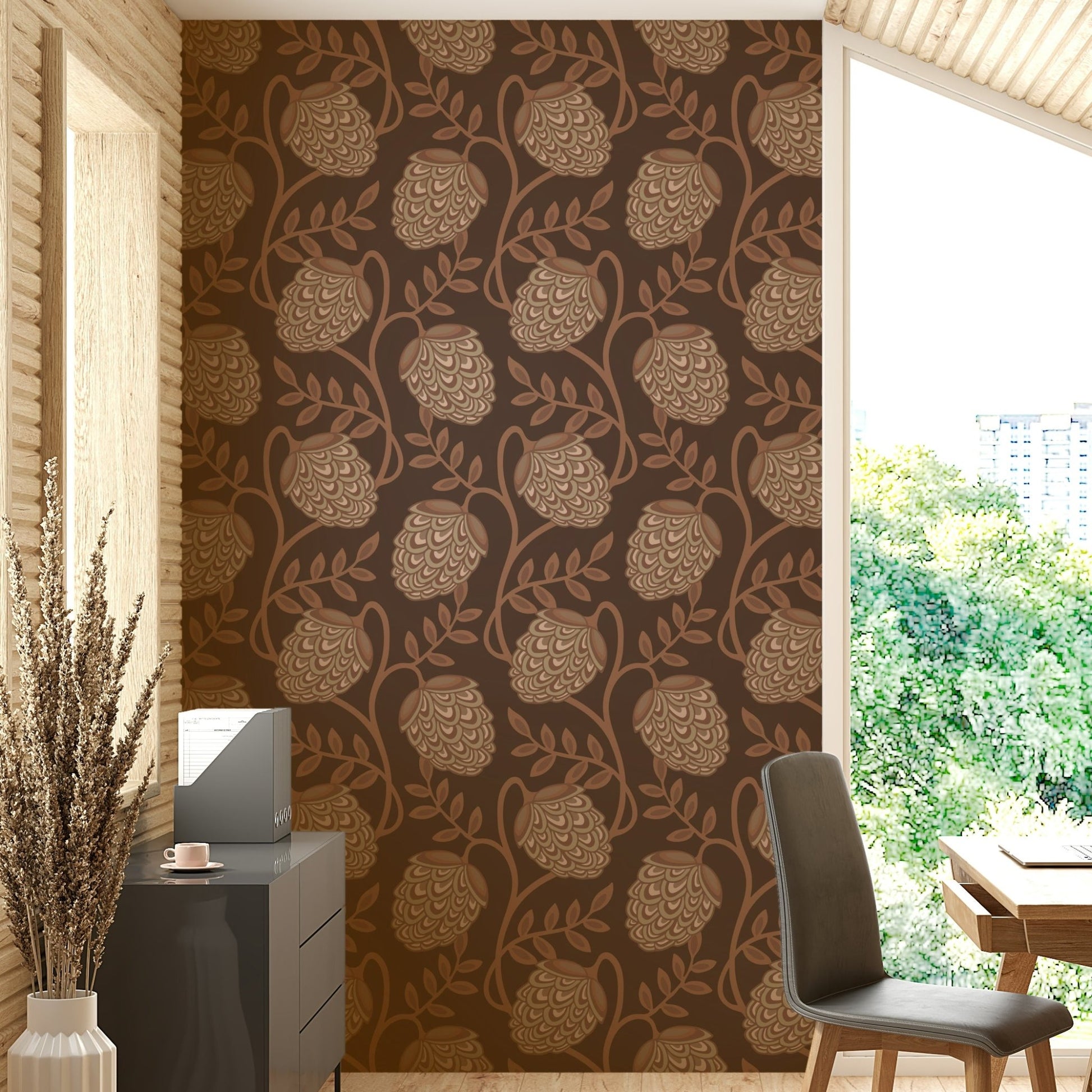 Botanical illustrations on wallpaper.

