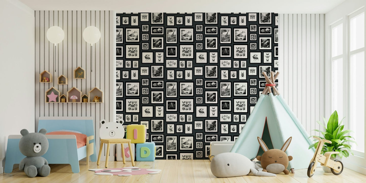 Bold anthracite wallpaper with illustrated creatures


